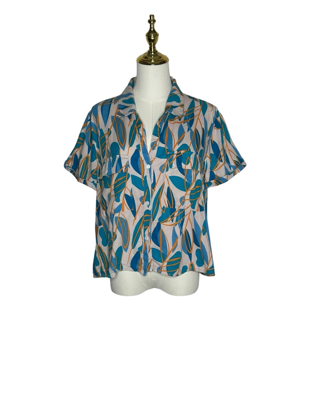 Calligraphie Tropical Leaf Print Resort Shirt Sz L Linen Blend Boho Chic EUC